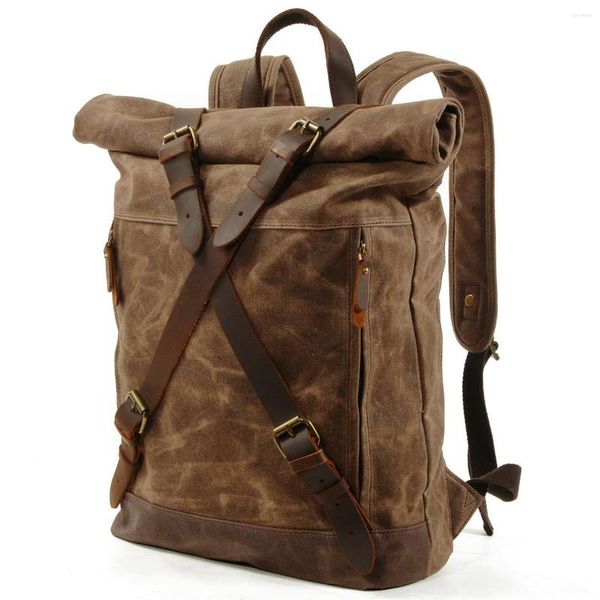 Rucksack Herren Wasserdicht Wachs Leinwand Wandern Outdoor Reisetasche Anti-Diebstahl Computer Retro gerollt