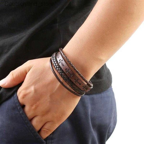 Charm-Armbänder, klassisches Kreuz-Lederarmband für Männer, handgewebte mehrschichtige Lederarmbänder, Punkrock-Armreifen, Modeschmuck, Geschenke, Großhandel Q230925