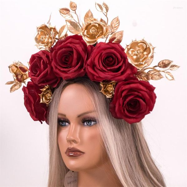 Haarschmuck, handgefertigt, dunkelrote Rose, Halloween-Tag der Toten, Festival, Blumenkrone, floraler Kopfschmuck