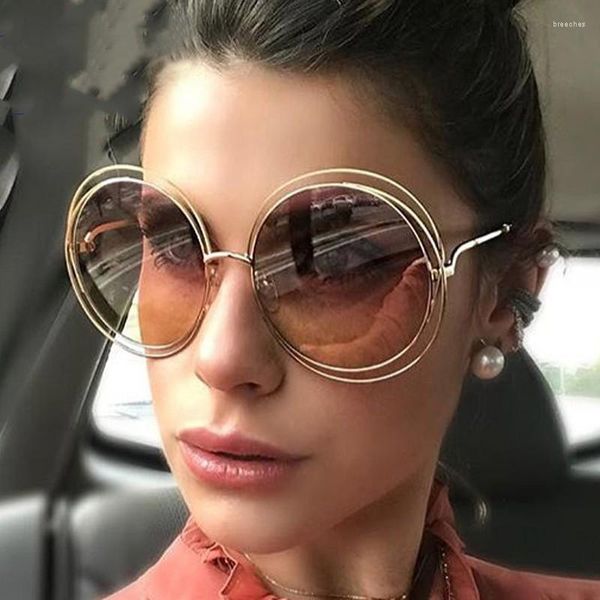 Güneş gözlükleri vintage yuvarlak büyük boy büyük boy 2023 kadın marka tasarımcısı metal çerçeve bayan güneş gözlükleri altın çay gözlük retro
