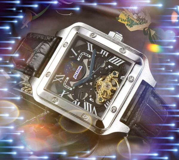 Popolare Tourbillon Mechanical Men Watch Scheletro Hollow Square Roman Tank Moon Sun Dial Moro Movimento automatico Orologio Retro Auto-Vero Business Orologi casual Orologi casual