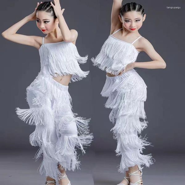 Sahne Giyim Çocuk Kız Latin Dans Pure Beyaz Püskül Yarışma Takım Seti Bölünmüş Üst Pantolon Uygulama