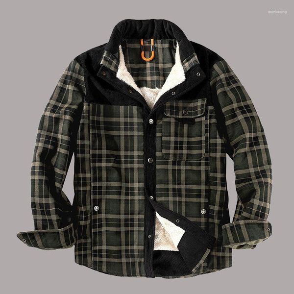 Jaquetas masculinas outono inverno velo flanela clássico xadrez jaqueta acampamento forro quente grosso algodão botões camisa roupas masculinas