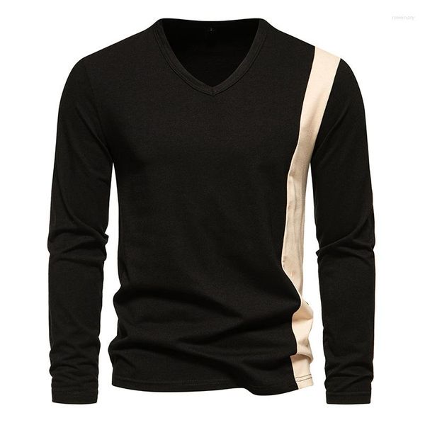 Мужские футболки, черная лоскутная рубашка на пуговицах с v-образным вырезом, Мужская брендовая повседневная уличная одежда 2023, рабочая одежда, тонкая футболка с длинными рукавами Homme