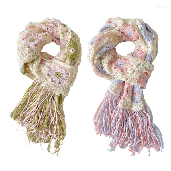 Шарфы, винтажный осенний вязаный длинный шарф, женский зимний теплый вязаный крючком шаль с цветочным принтом, падение