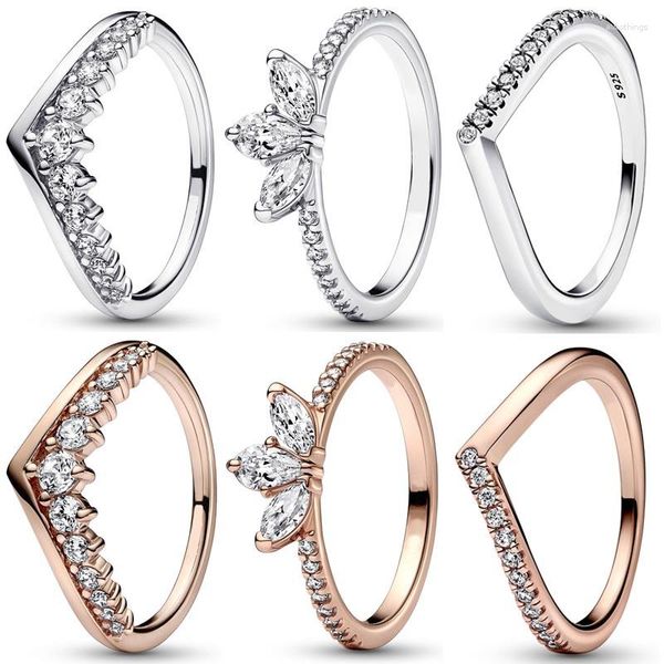 Anéis de cluster autêntico 925 prata esterlina rosa ouro espumante herbário atemporal desejo meio anel para mulheres presente moda jóias