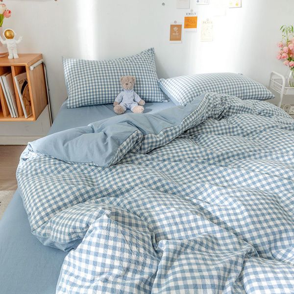 Conjuntos de cama Azul Checkerboard Imprimir Conjuntos de Cama Nordic Duveta Capa Simples Lattice Quilt Capa Folha de cama para Kdis Adultos Bedclothes 230923