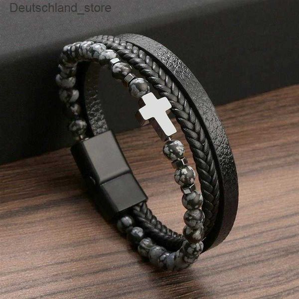 Charme pulseiras clássico cruz pulseira de couro mão-tecido multi camada combinação tigre olho talão pulseira de couro jóias atacado dropshipping q230925