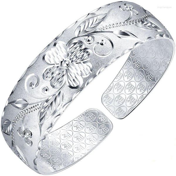 Bracciale rigido temperamento nobile allargato braccialetto boutique fiore intagliato a mano argento sterling S999