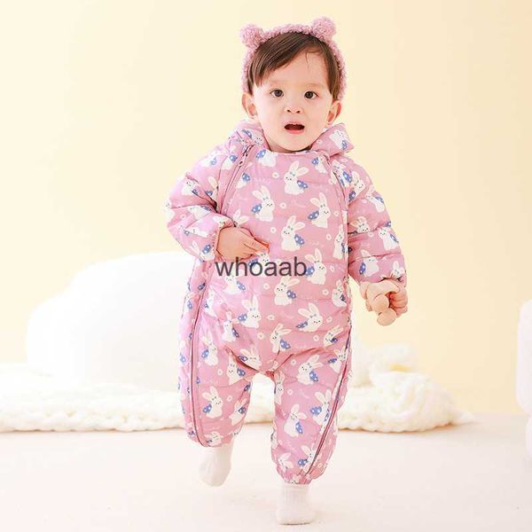 Casaco para baixo bebê engrossado jaqueta coelho rosa roxo roupas de uma peça meninos meninas crianças abraçando rastejando roupas recém-nascido terno inverno yq230925 yq230925