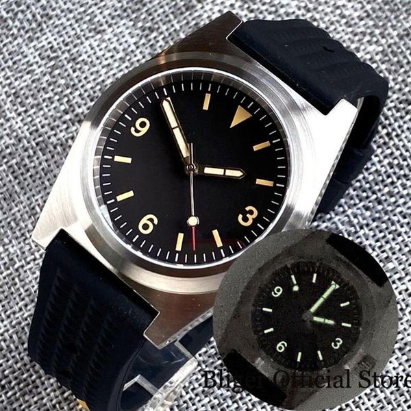 Armbanduhren Gelber Index Vintage 38mm Taucher 200m wasserdicht NH35A PT5000 Herrenuhr Armbanduhr grüne Lume gewölbtes Saphirglas279b