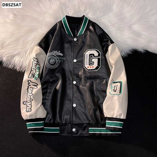 Chaquetas para hombres American Retro PU Cuero Hombres Chaqueta Japón Oso Bordado Streetwear Suelto Casual Deportes Béisbol Uniforme Preppy Hip Hop Abrigo L230925