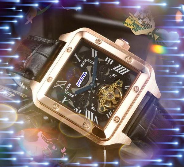 Popular turbilhão mecânico relógio masculino esqueleto oco quadrado tanque romano lua sol estrela mostrador movimento automático relógio auto-vento rosa ouro prata lazer relógios