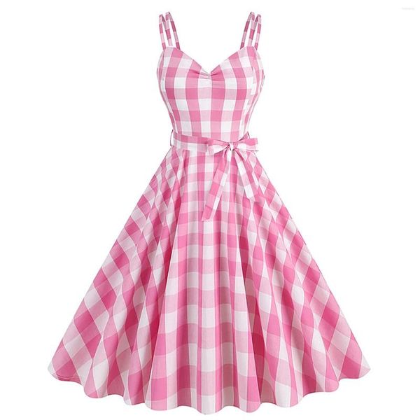 Vestidos casuais feminino 1950 rockabilly vestido sem mangas verificado retro uma linha elegante festa