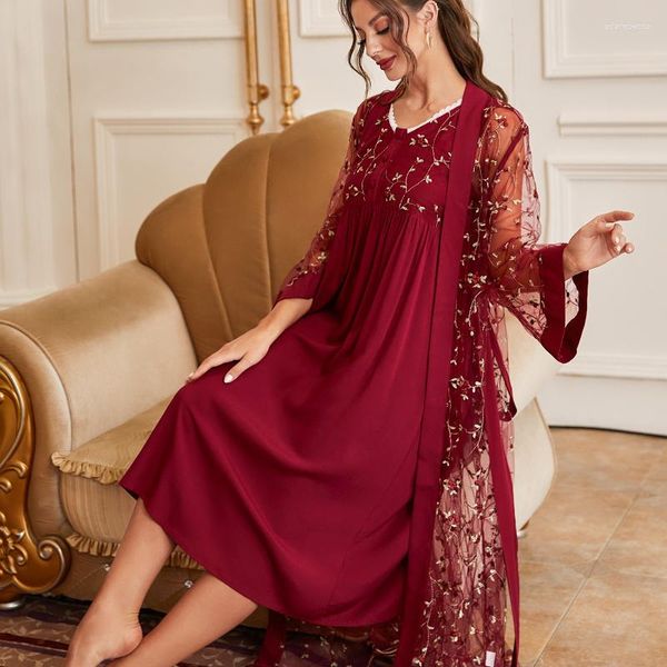 Mulheres sleepwear outono laço robe duas peças conjunto pijamas nightwear vestido e conjuntos de fadas mulheres soltas vermelho noite vestido de algodão vintage