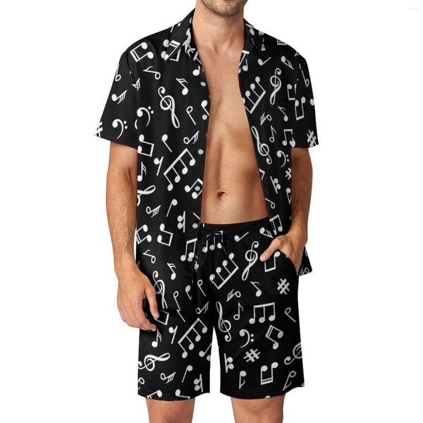 Tracksuits masculinos notas musicais homens define preto e branco na moda camisa casual conjunto de manga curta design shorts verão férias terno tamanho grande 2xl