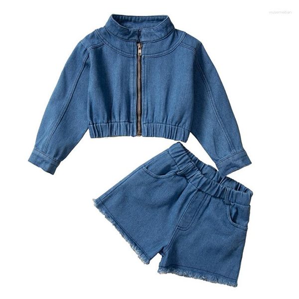 Комплекты одежды из 2 предметов, весенне-осенний комплект для малышей, бутиковая детская одежда для девочек, модная повседневная джинсовая куртка с длинными рукавами для девочек, шорты BC2311