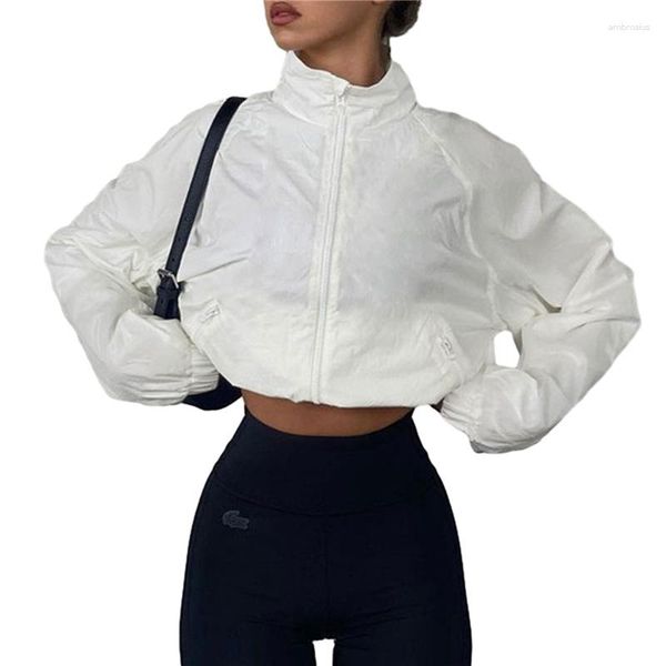 Giacche da donna Giubbotto bomber Xingqing Abbigliamento Y2k da donna Colletto alla coreana bianco Cerniera Manica lunga Top corto con tasche Cappotti anni 2000 Streetwear