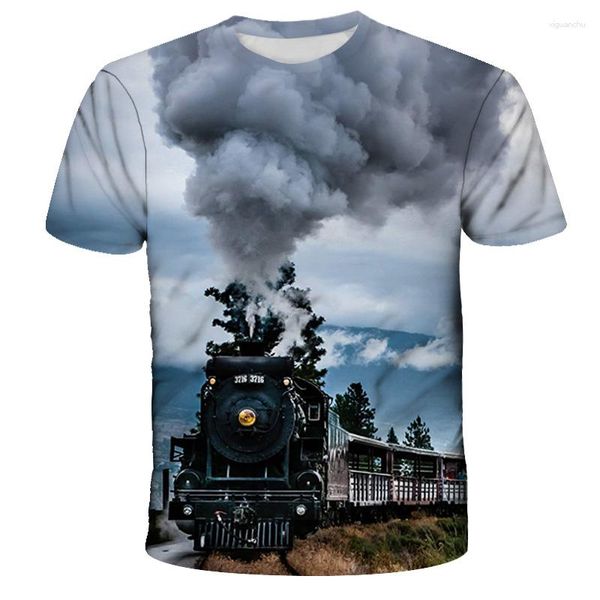 Homens camisetas Vintage Train Engine 3D Impressão Verão T-shirt Moda e Mulheres Casual Estilo de Rua O-pescoço Praia Qualidade Fina Top