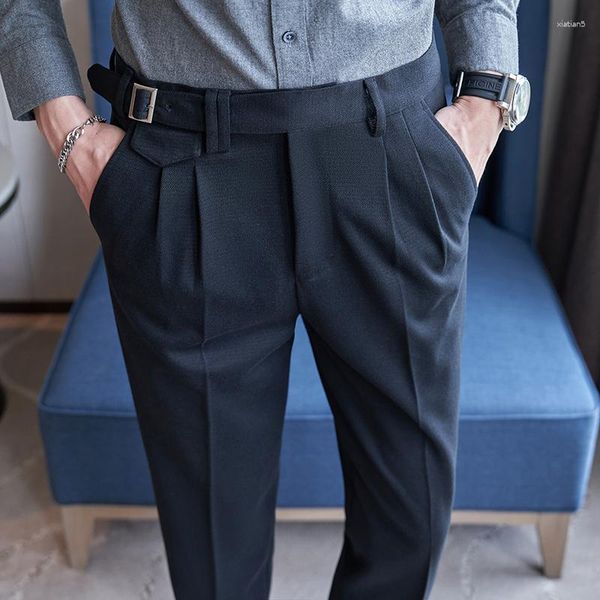 Ternos masculinos cinto decoração cintura alta vestido de negócios calças masculino fino escritório social casual terno casamento noivo calças 2023 outono