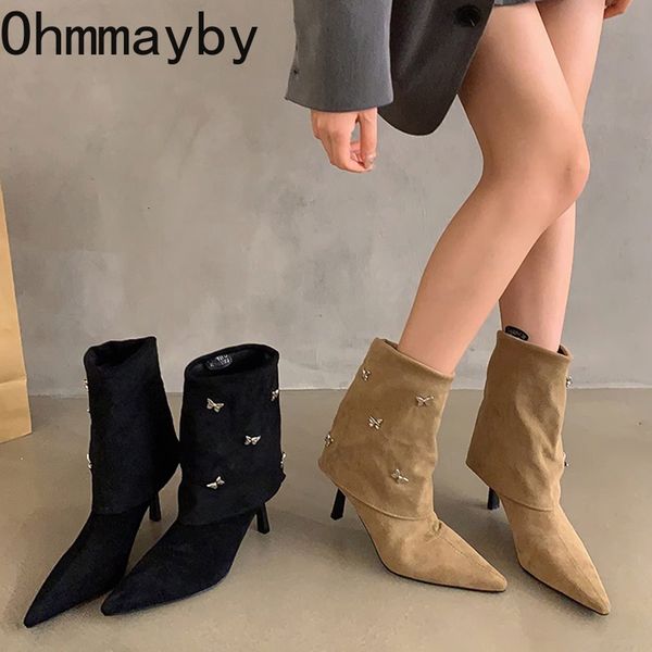 Botas 2023 inverno meados de bezerro para mulheres moda deslizamento em tubo longo feminino fino salto alto elegante bombas femininas 230925