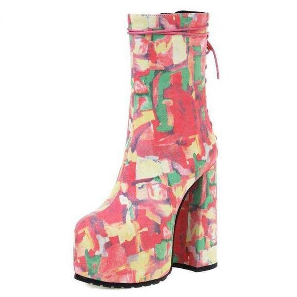 Ботинки HBP, осенне-зимние женские туфли с круглым носком на высоком толстом каблуке и платформе, модные туфли на шнуровке с принтом для свадебной вечеринки, розовые туфли 220805
