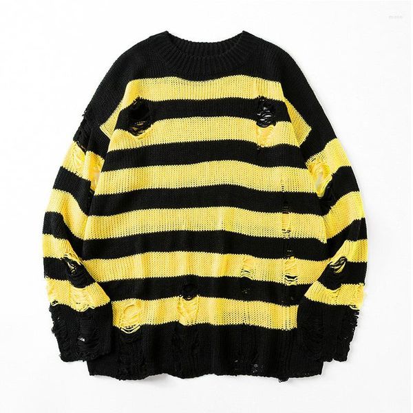 Suéter dos homens 2023 Buraco rasgado Hip Hop Punk Striped Sweater Homens Mulheres Preto Amarelo Stripe Gótico Vintage Pulôver Jersey Hombre