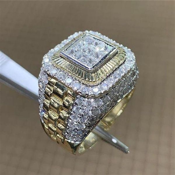 Todo-alta qualidade micro pave cz pedra enorme anéis de ouro para homens mulheres luxo branco zircão noivado jóias masculino hip hop257c