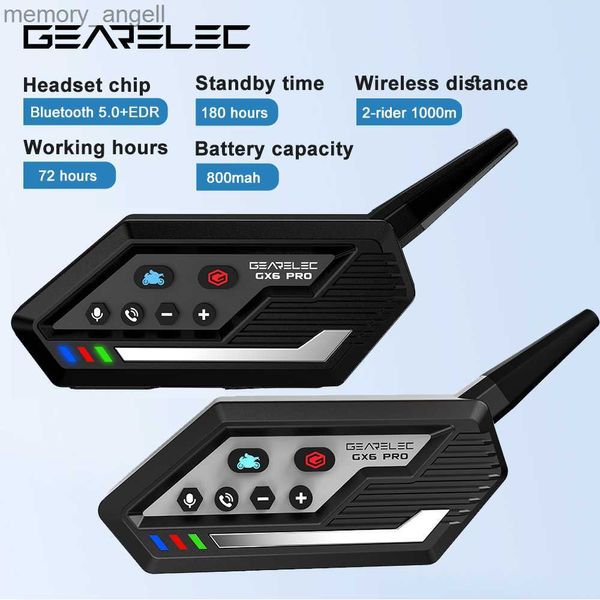 Walkie Talkie GEARELEC GX6 PRO Motocicleta Capacete Bluetooth Intercom Headset 2 Riders 1000M BT Interphone Comunicador Alto-falante Controle de Voz HKD230925