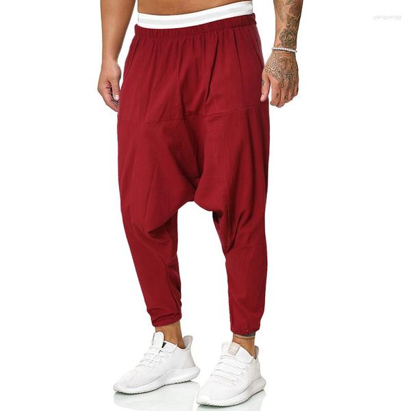 Pantaloni da uomo Pantaloni sportivi da uomo in cotone e lino Harem Moda cavallo inferiore Hip Hop Baggy Cross Autunno maschile Pantaloni larghi elastici in vita