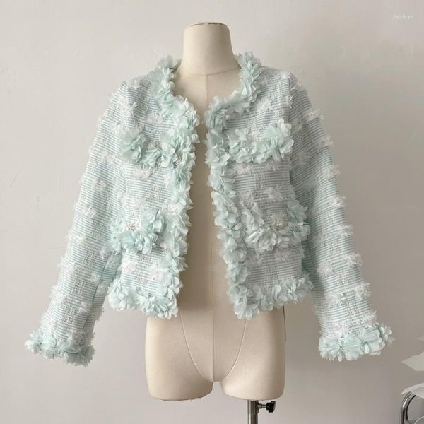 Damenjacken Mode 2023 Herbst Winter Patchwork Tweed Frauen Promi 3D Blumenknopf Einreiher Mantel Kleidung