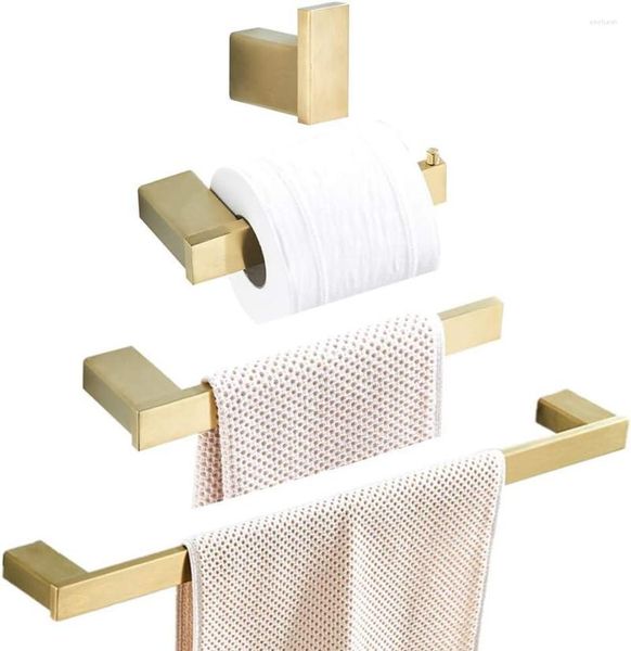 Set di accessori da bagno Accessori da bagno in oro Asciugamano spazzolato Gancio per accappatoio Hardware montato a parete in acciaio inossidabile quadrato 4 pezzi