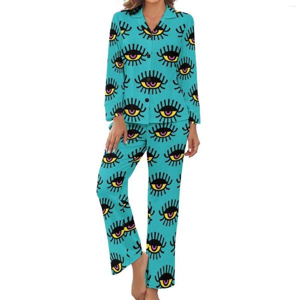 Kadın pijama kirpikler baskı pijamaları bahar 2 adet sanat gözleri retro set bayanlar uzun kollu v boyun