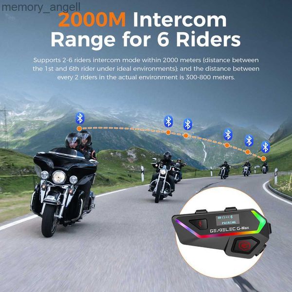 Walkie Talkie GEARELEC Capacete de motocicleta Intercom Headset 6 Riders 2KM Comunicação por interfone com luzes IP67 Smart Display Compartilhamento de música HKD230926