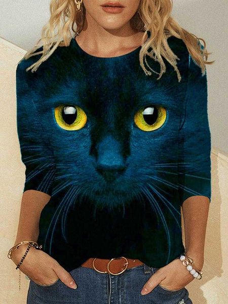 Camicetta da donna Top Cat Chasing The Moon Camicia con stampa Taglie forti XL Camicie nere casual Manica lunga T-shirt divertenti cartoni animati Donna