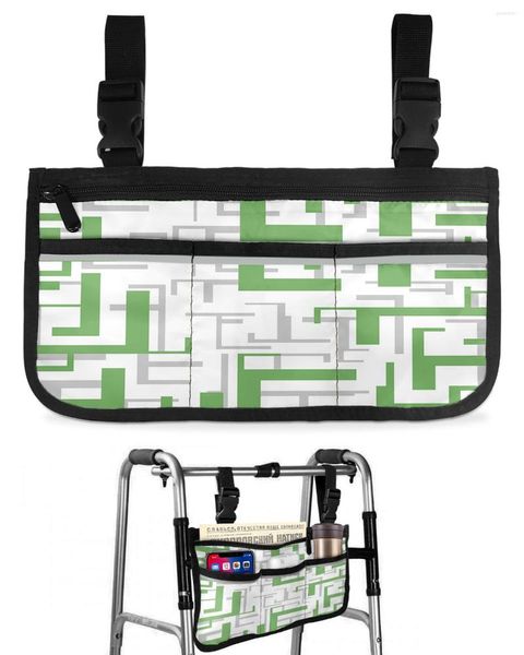 Сумки для хранения Современное искусство Геометрия Зелено-серая сумка для инвалидной коляски с карманами Подлокотник Боковой чехол для ходьбы на электрической раме для скутера