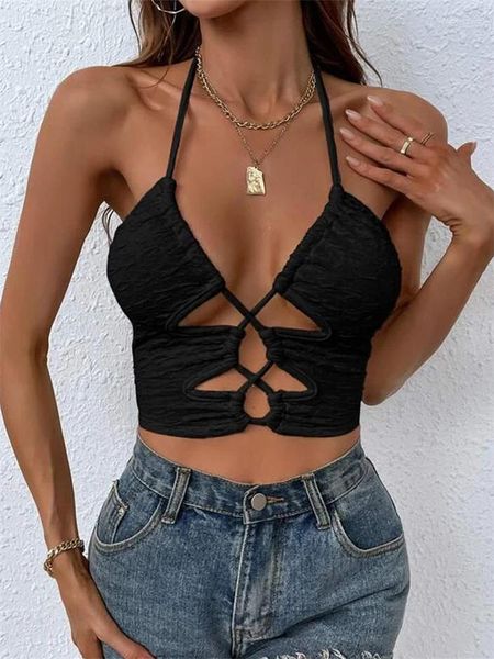 Tanques femininos Chronstyle Criss-Cross Halter Tie Up Camis Mulheres Verão Sexy Sem Mangas Backless Tank Crop Tops Casual Mini Colete Clube