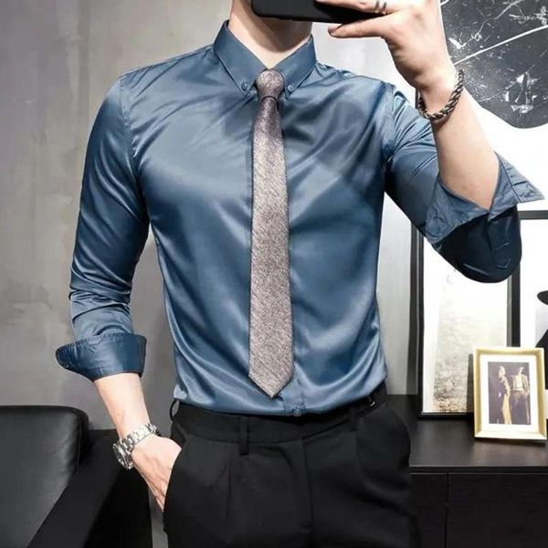 Camisas de vestido masculino italiano cavalheiro não-passar magro cor brilhante camisa na moda cetim de seda estilo britânico formal elegância de negócios