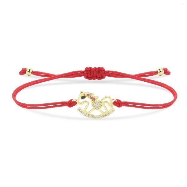 Braccialetti con ciondoli Cristallo CZ bianco Ottone placcato oro Bracciale cavallo a dondolo Bambino Bambino Moda Pietre zircone Stringa rossa Gioielli presenti