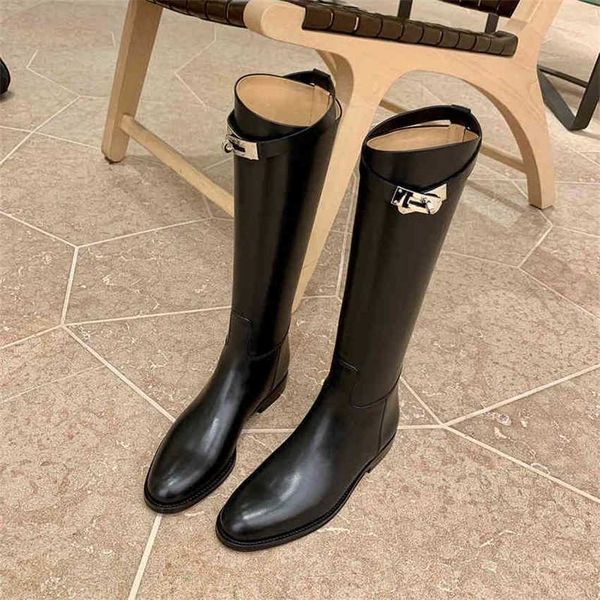 Boots Women Knee High Driving Warm Female Thick Heels Motorcycle Punk Shoes Woman Grey Brown Classic Metal Buckle 220805