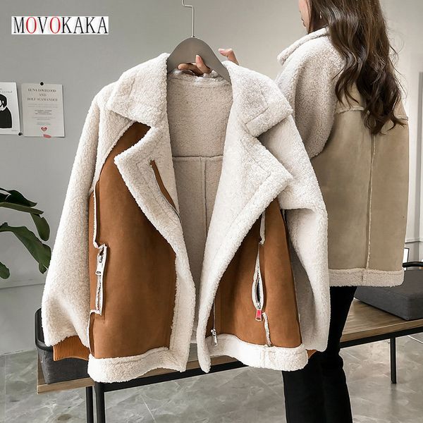 Frauen Pelz Faux Cape MOVOKAKA Winter Schaf Wolle Mantel Frauen Dicke Warme Lange Ärmel Zipper Taschen Jacke Mode Leder Motorrad mäntel 230925