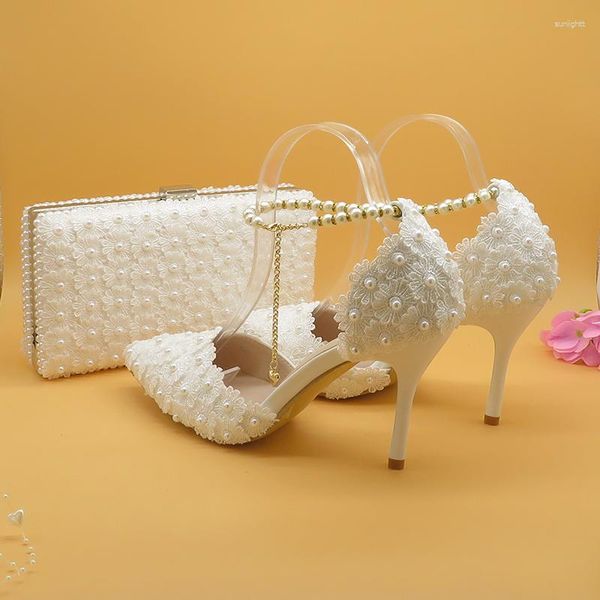 Туфли для свадьбы с белым цветком и комплект сумок на высоком каблуке с острым носком и ремешком на щиколотке, женская вечерняя обувь с подходящей сумочкой на шнуровке