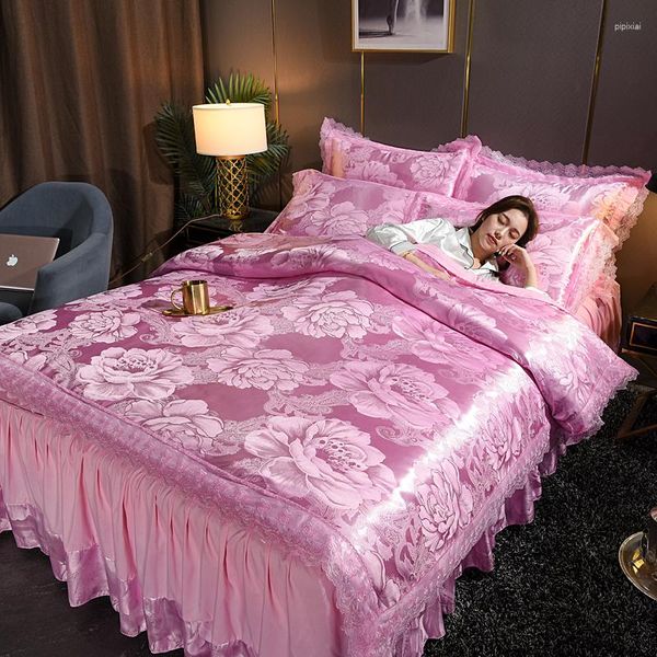 Set di biancheria da letto Tessuto satinato Europa Copripiumino Gonna letto Set di lenzuola per arredamento camera da letto Jacquard di lusso 4 pezzi Casa El