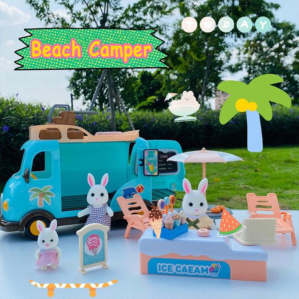 Puppen Strandbus 112 Waldfamilie Hase Eis Verkaufsfahrzeug Puppenhaus Miniaturmöbel für Mädchen Spielhaus Spielzeug Geburtstagsgeschenke 230925