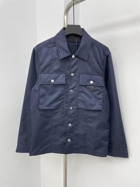 Jaquetas masculinas 2023 outono polo colarinho manga longa camisa moda solta remendo de nylon bolso esconder azul jaqueta versátil de alta qualidade