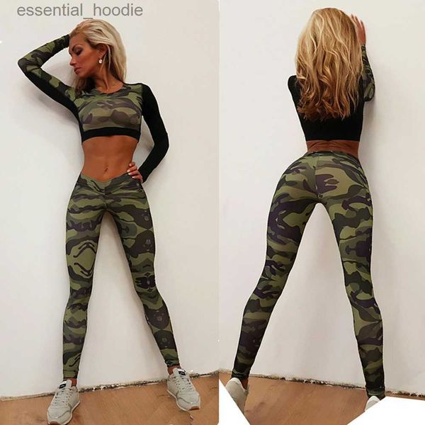 Tute da donna Set da yoga per donna Tuta sportiva mimetica Qucik Dry Fitness Abbigliamento attillato Tuta da palestra Slim Abbigliamento sportivo militare Felpe da corsa L230925