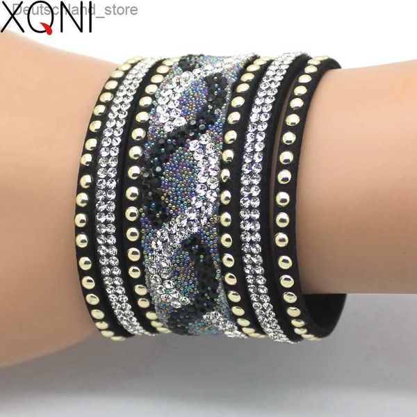 Charme Pulseiras XQNI Marca Top Cristal Pulseiras De Couro Bangles Personalidade Impresso Pavimentar Strass Charme Pulseira Para As Mulheres Q230925