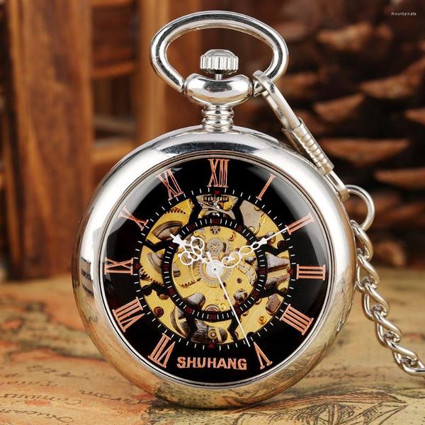 Orologi da tasca Numeri romani rossi in rame Orologio meccanico manuale Regalo da uomo Orologio con pendente a catena in argento Orologio dal design a faccia aperta