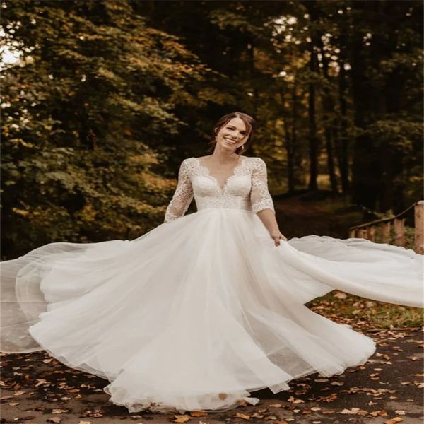 Prinzessin Spitze Boho Hochzeitskleid 2024 Sexy V-Ausschnitt Tüll Bohemian Rustikale Land Brautkleider mit Ärmeln Einfache rückenfreie Braut Vestido De Noiva Casamento Chic