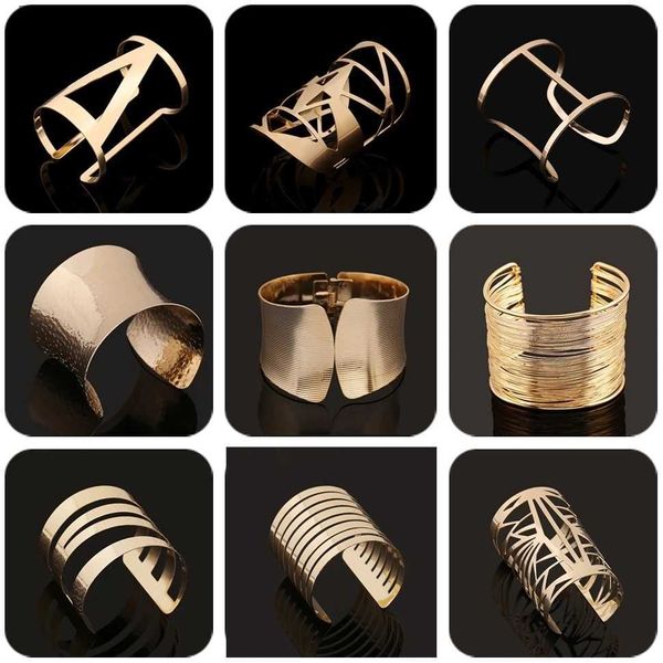 Charme Pulseiras Ouro Prata Cor Oco Largo Cuff Pulseiras Bangles Para Mulheres Homens Punk Liga Geométrica Aberto Big Bangle Pulseira Moda Jóias Q230925